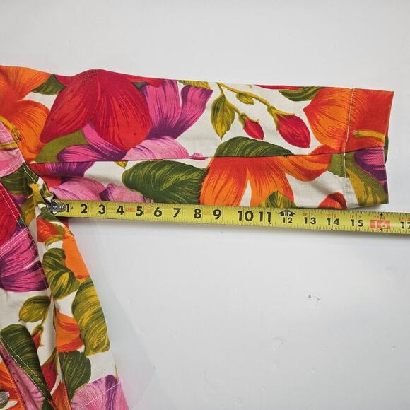 Chico’s Design Size 2 Large Floral Tropical Pink & Orange Denim Beading Jacket - Picture 7 of 8